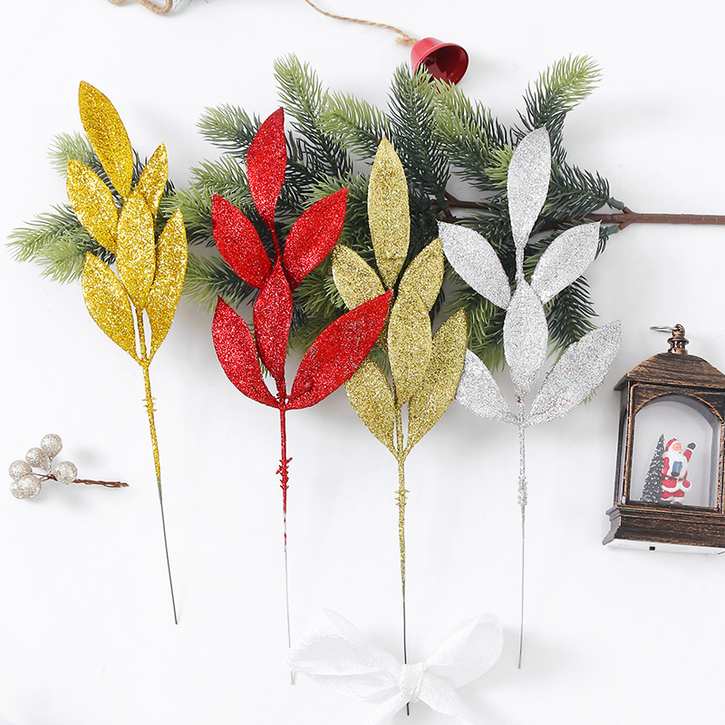 Weiße Weihnachts-Glitzerblätter, 34 cm, künstliche Weihnachtsbaumzweige für Weihnachtsbaum, Heimdekoration, DIY-Kranz, Basteln,: Hellrosa