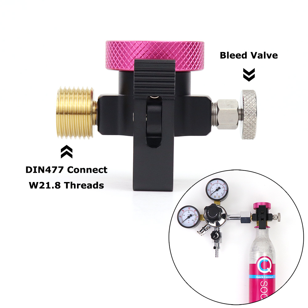 SODA roze Quick Connect CO2-cilinder navuladapter aan/uit-adapter met ontluchting en meter en snelstekker en DIN477