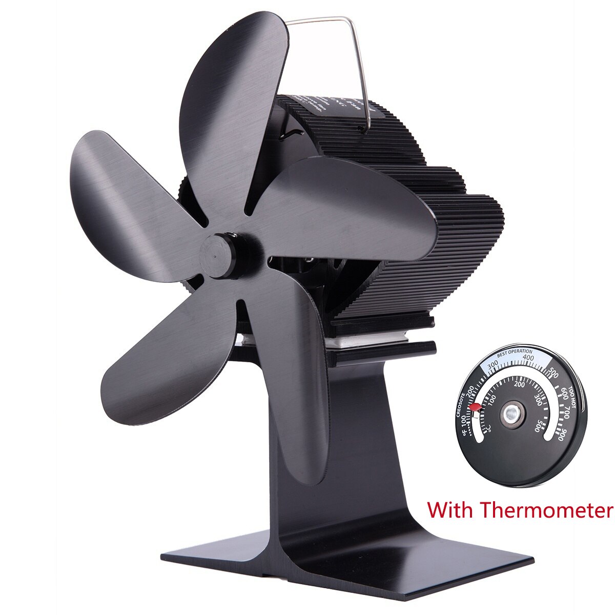 5 Blades Thermal Power Fireplace Fan Efficient Heat Powered Distribution Stove Fans Wood Log Burner Eco Quiet With Thermometer: Black