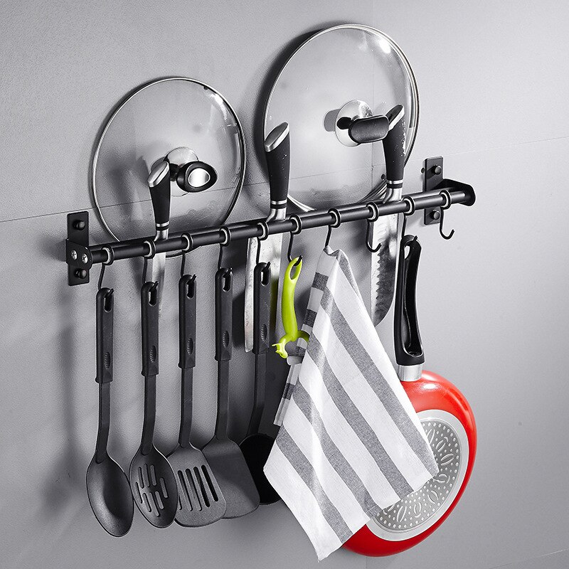 Kitchen Wall Mounted Stainless Steel Rack Rail for Hanging Knives, Pot and Pan with 6 Removable Hooks