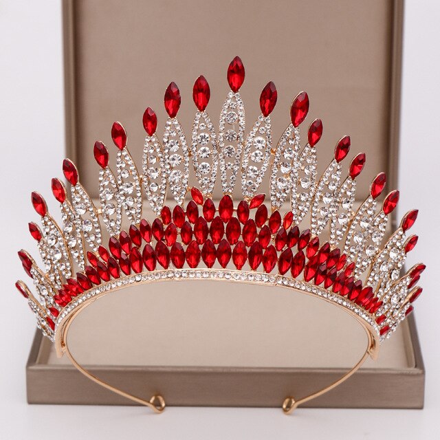 Trendy Zilver Kleur Rhinestone Crystal Queen Big Crown Bridal Tiara Vrouwen Beauty Pageant Bruids Haar Accessoires Sieraden: Rood