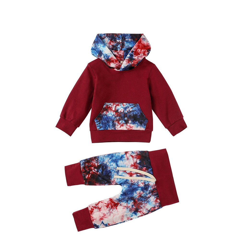 baby boy clothes set Infant baby girl clothes set Tie-Dye Hooded Sweatshirt Pants Outfits Set baby boy clothing #C: Red / 24M