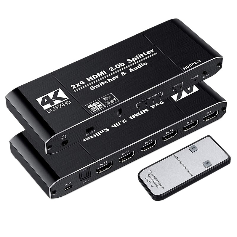 Hdmi matrix 4 x 2 4k hdr switch splitter 4 in 2 out optisk o extractor hdmi switcher med fjernkontroll
