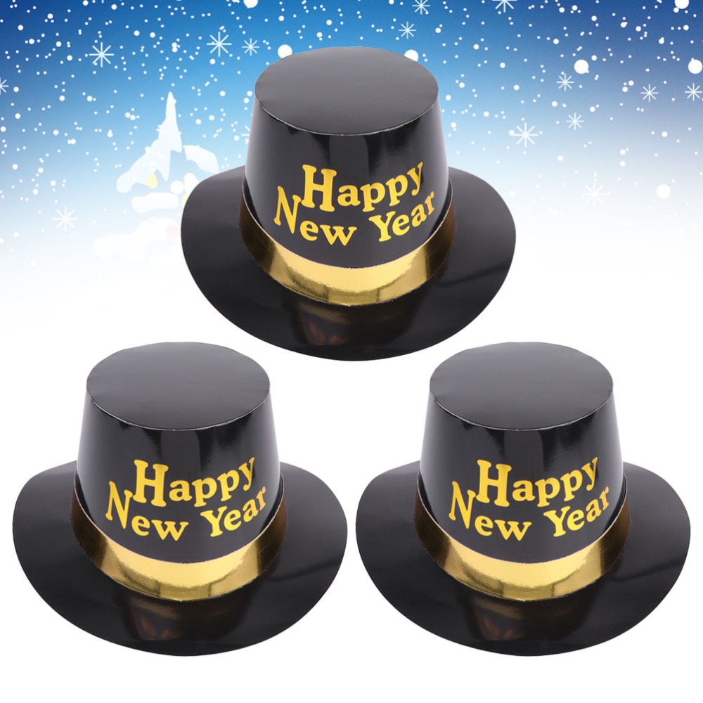 3pcs Party Cap Happy Year Letter Tophat Paper Hats Headdress Decorations Party Favors for Cosplay Party (Yellow Let