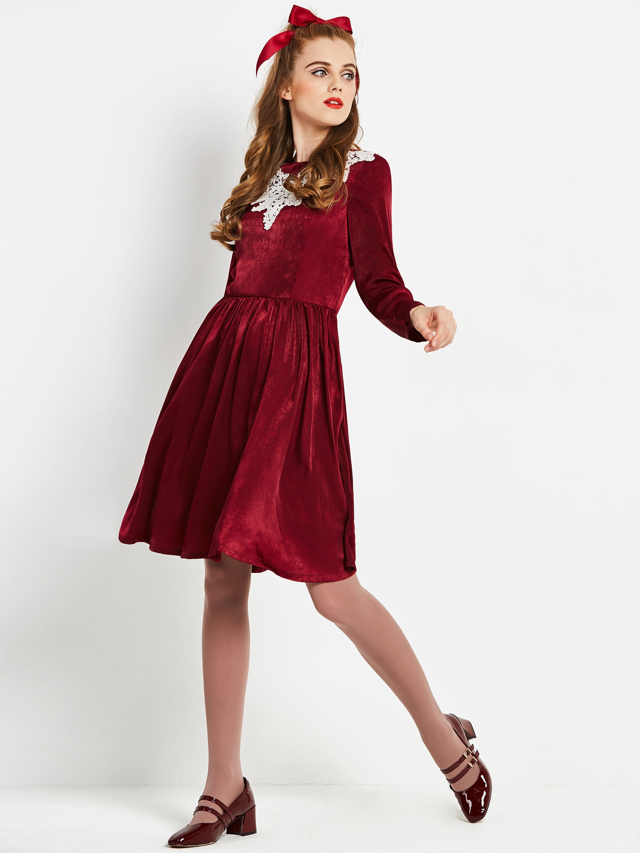 Vestidos por debajo de la rodilla elegantes para Casual Vintage dulce primavera Oficina para mujer Aline Zipper femenina Retro vestido Borgoña