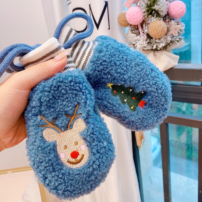 Zagęścić dzieci rękawiczki z wełny owczej zimowe utrzymać ciepłe dzieci kreskówki pluszowe futrzane pełne mitenki miękkie rękawiczki dla 4-8 lat: niebieski