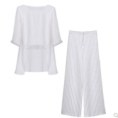 Tweedelige Blouses En Broek Sets Zomer Elastische Taille Strepen Chiffon Wijde Pijpen Broek 2 Delige Set Mode Outfits