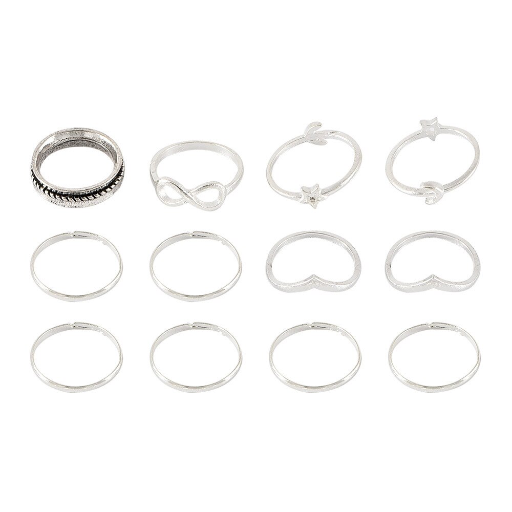 12 stks/set Vintage Vrouwelijke Ringen V Star Moon 8 Woord Zilveren Ring Set Vrouwen Joint Ring Wedding Party Sieraden Accessoires