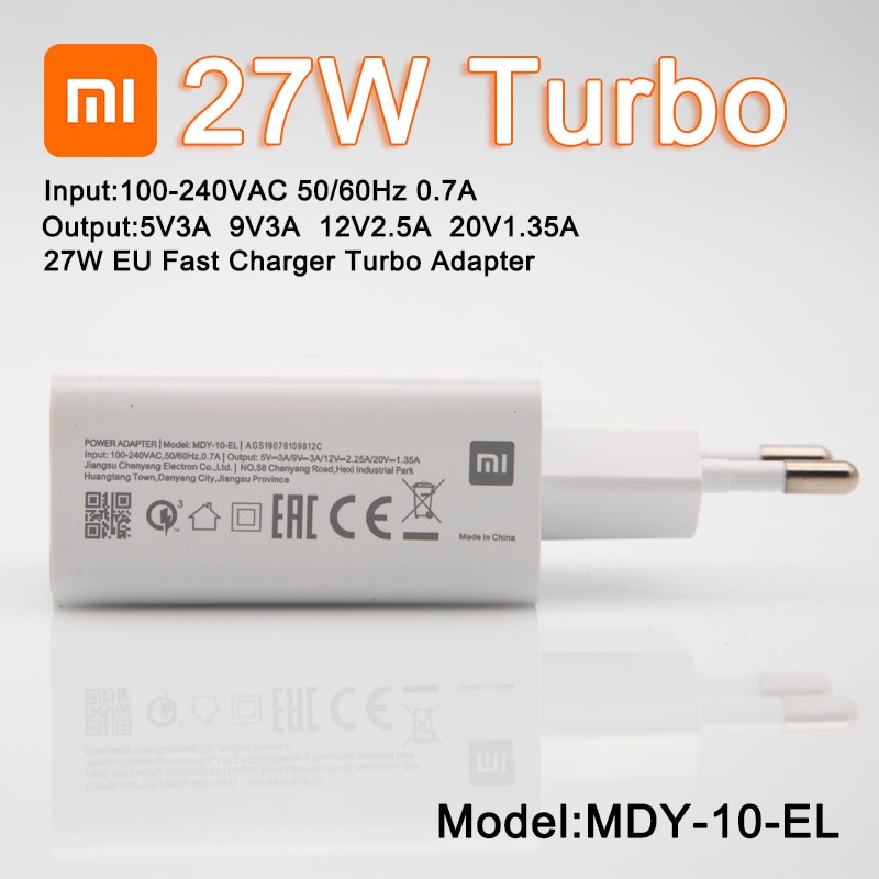 Original Xiaomi 27W Fast Mobile Charger QC4.0 EU Travel Wall Charging Adapter Usb C For Mi8 9 A2 A3 Mix 3 Redmi Note 7 8 9 Pro