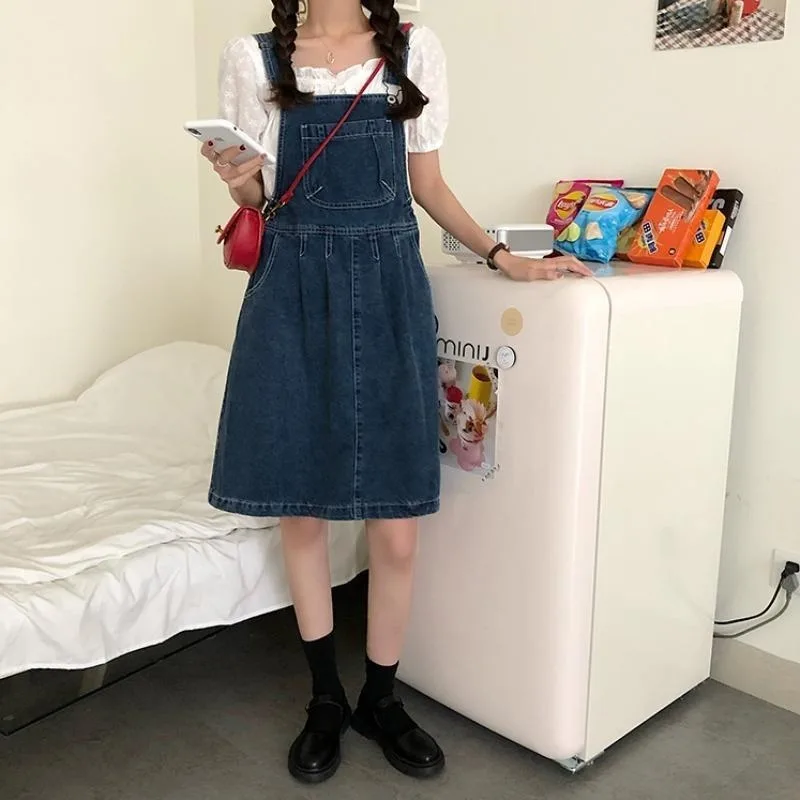 Denimkjol med hängslen dam vintagetvätt blå a-linjeformad casual sommar ett stycke koreansk kjol med  y2k remmar dam