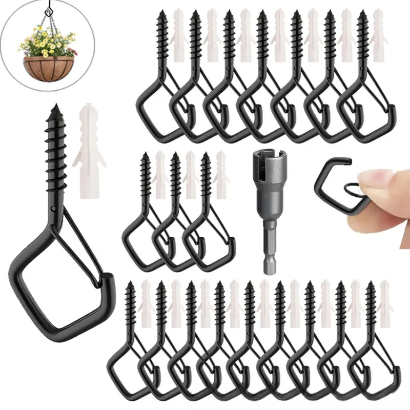 10/15 Stuks Q Hanger Haken Met Veiligheidsgesp Winddicht Anti-Shedding Schroef Haak Plafond Bloempot Plant Hanger Decoratieve Haak: S / Black