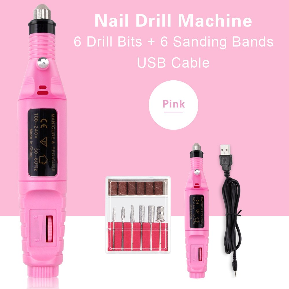 Electric Nail Drill Set Manicure Machine Pedicure Tool 6 Bits Sanding Buffer Apparatus Strong File Pen USB Charging: USB Pink