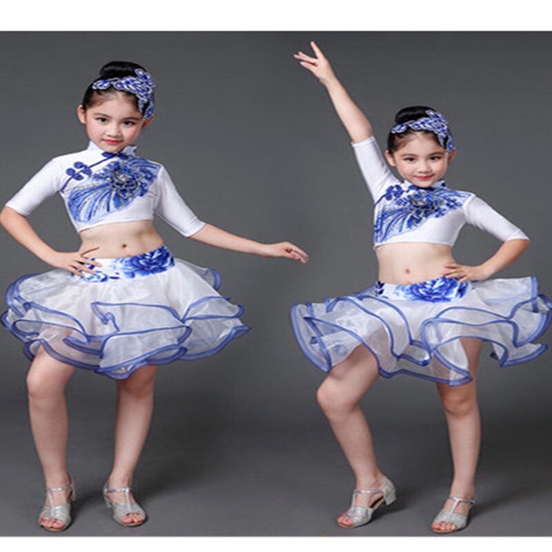 latin dance wear for girls latin salsa dress ballroom tango dresses kids spandex children rumba costumes set skirt white blue