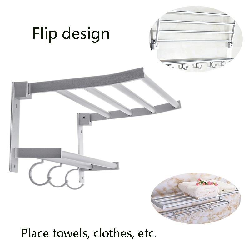 Badkamer Handdoek Rekken Opvouwbare Dubbele Handdoekenrek Wall Mounted Space Aluminium Handdoek Plank Met Haken Bad Rails Bars 40x19x15cm