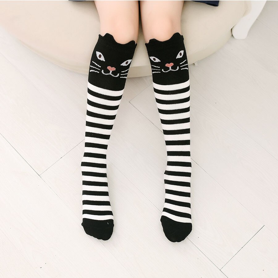 Skolebarn små piger knæhøje lange sokker børn ræv / kat print bomuld varme benstøvler til pige tilbehør til tøj: Grå