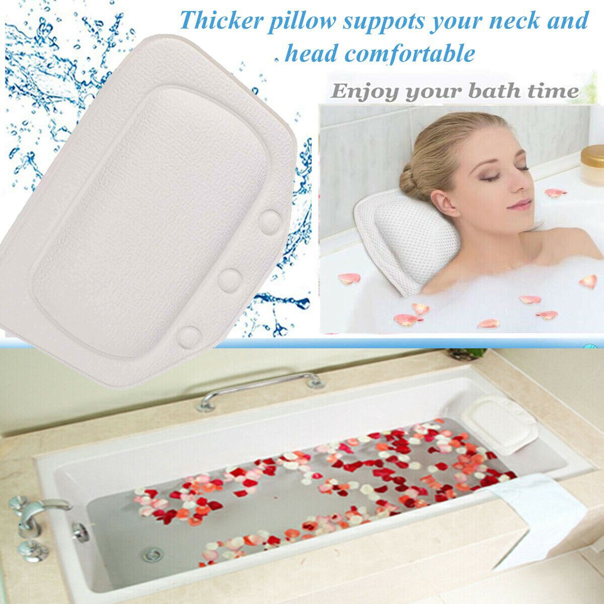 Waterproof Bath Pillow Cushion Non Slip Suction Cups for Spa &amp; Bathtub Headrest