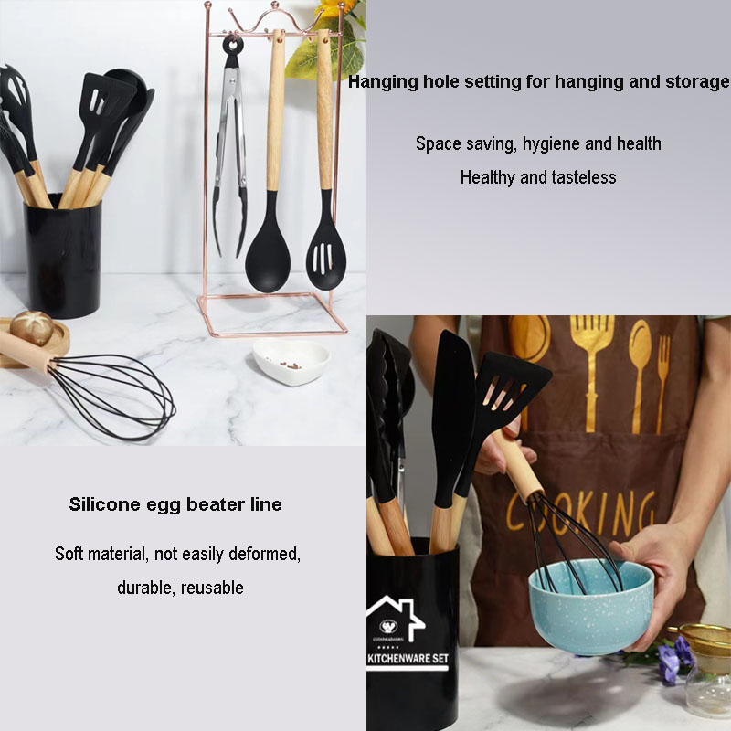12Pcs Silicone Kitchen Utensils Cooking Wooden Handle Non Stick Pot Kitchenware Set Storage Bucket Silicone Kitchen Utensils