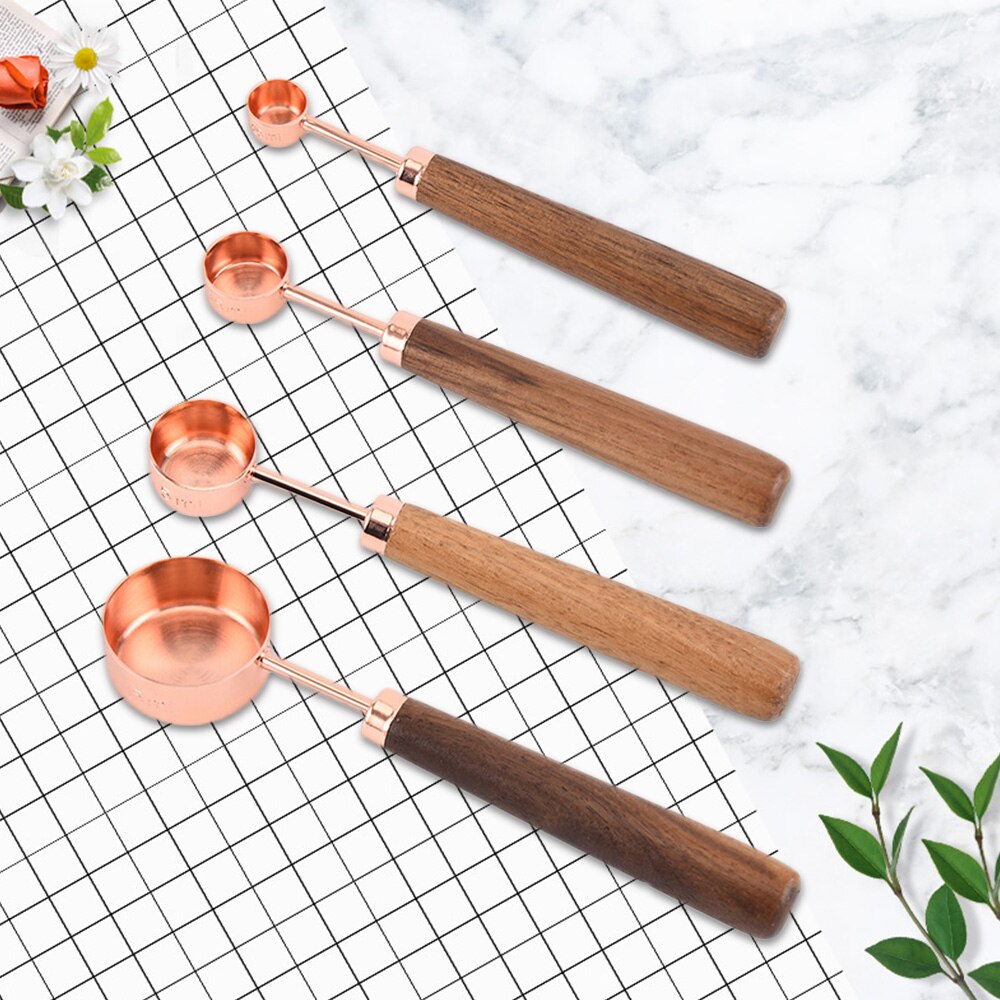 4pcs Household Kitchen Dining Bar Baking Tools Walnut Wooden Handle Copper Plating Measuring Cups Spoon Cake Sugar Tools Set