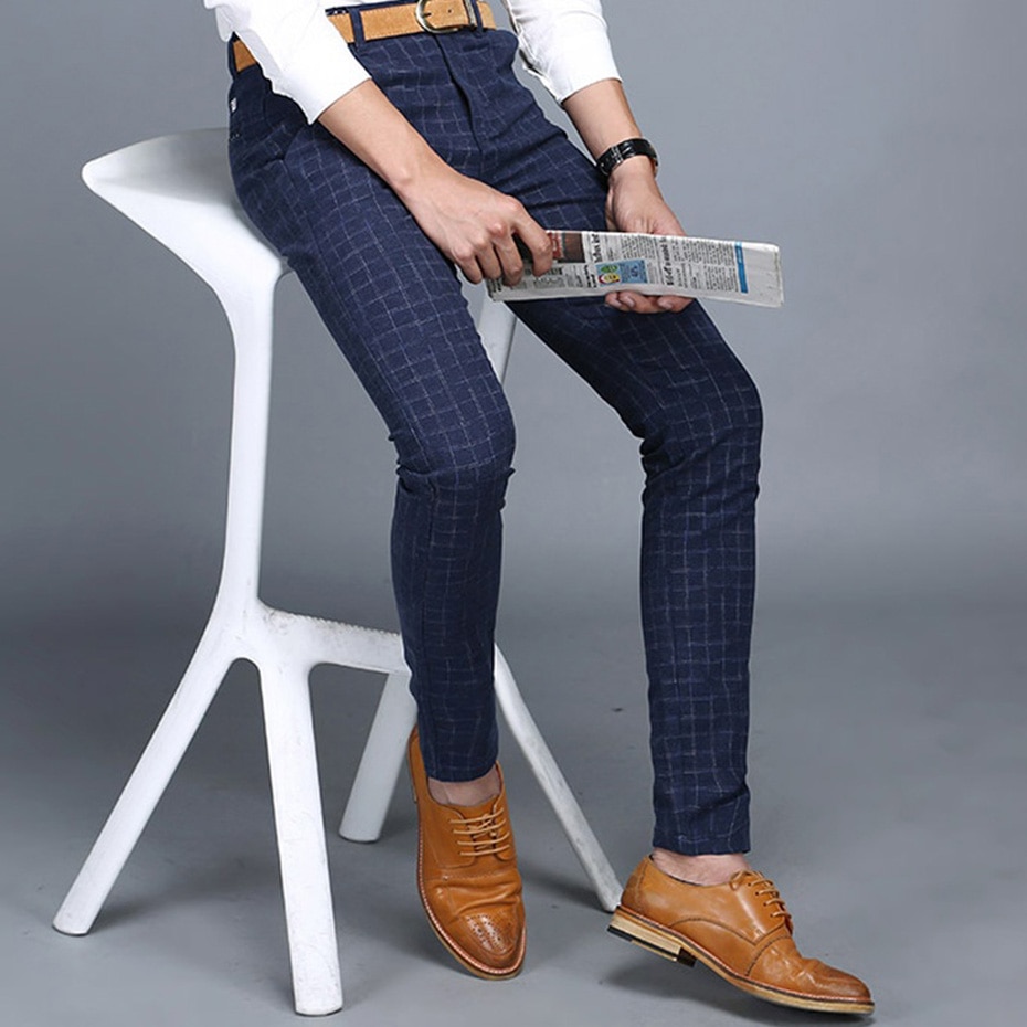 Pantalones De Vestir a cuadros para Hombre, pantalones ajustados, pantalones De verano para Hombre