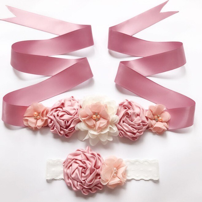 Boda de cinturón faja Floral cinturones de vestido para mujer de la boda de novia de flor Flor de cinta de raso cinturón con diadema bebé: peach blush