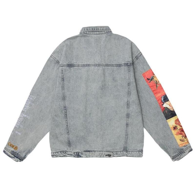 Van Gogh Painting Denim Jacket Men Women Couple Letter Embroidery Hip Hop Streetwear Washed Cotton Vintage Loose Goth Jeans Coat