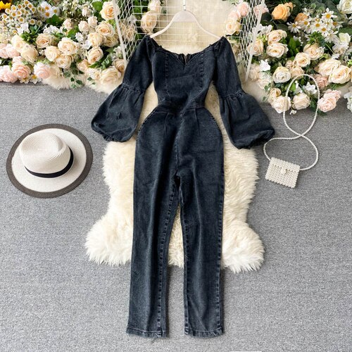 Gagarich kvinner denim jumpsuit sexy slash neck off-shoulder pufferm dame høst high street retro jeans bodysuit: Svart / M