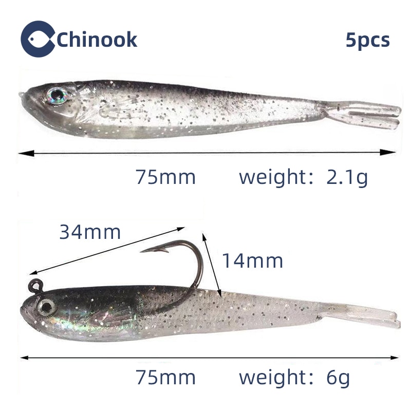 Chinook 5 uds señuelo cebo suave cola de tenedor de pescado blando con o sin gancho Fluke Swimbaits Jerkbaits cebo de silicona para peces aparejos de pesca