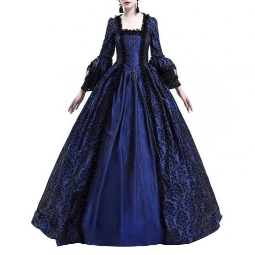 Medieval Renaissance Queen Ball Gown Bell Sleeve Maxi Dress Halloween Costume: Navy Blue / M