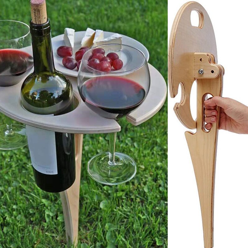 Foldable Outdoor Wine Table Wooden Round Desktop Mini Picnic Table Outdoor Wine Rack Furniture for Camping Party