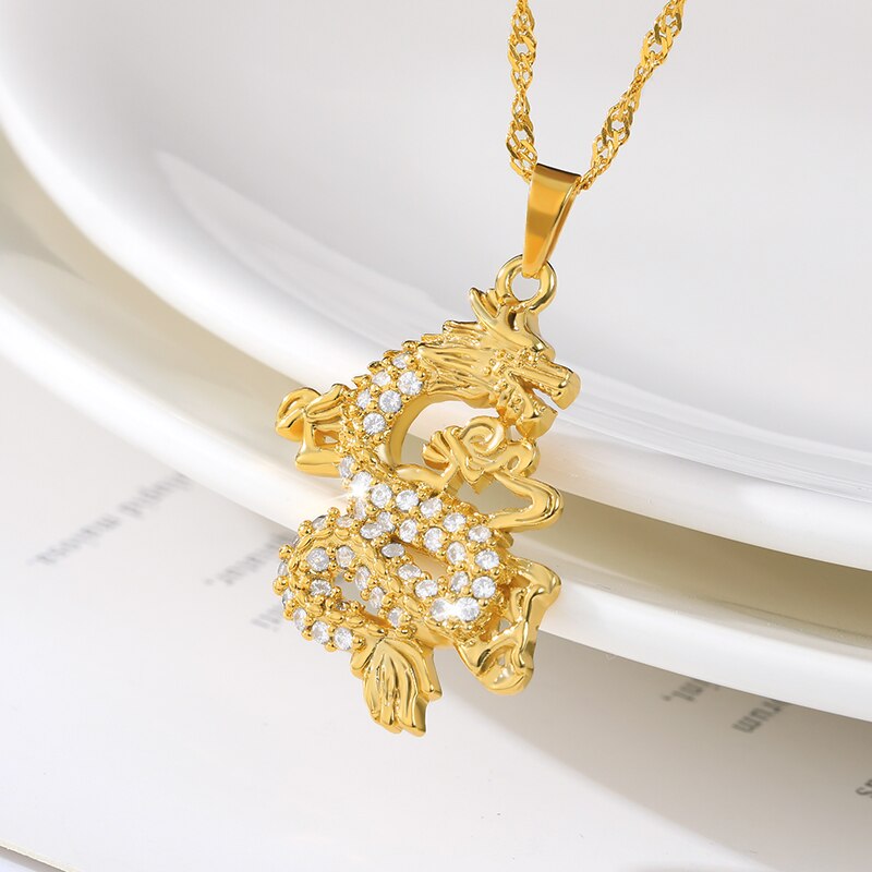 Drachenanhänger-halskette für damen, edelstahl, goldkette, zirkonia-choker, maskottchen-halskette, schmuckcollier femme