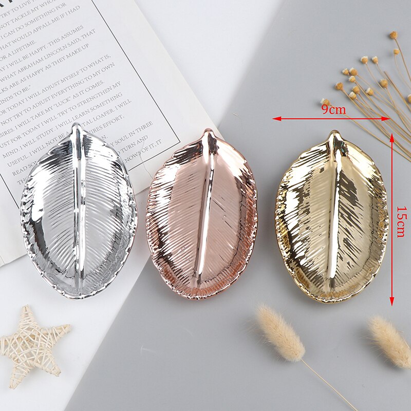 Platos con forma de hoja de cerámica, joyería para árbol y hojas, bandeja de almacenamiento plateados, cerámica, joyería, baratija, 1 unidad