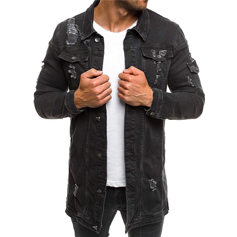 Idopy herre denim jakke bomber jakke long street vintage biker slim fit nødlidende hul rippet cowboy mandlige jean jakke og frakke