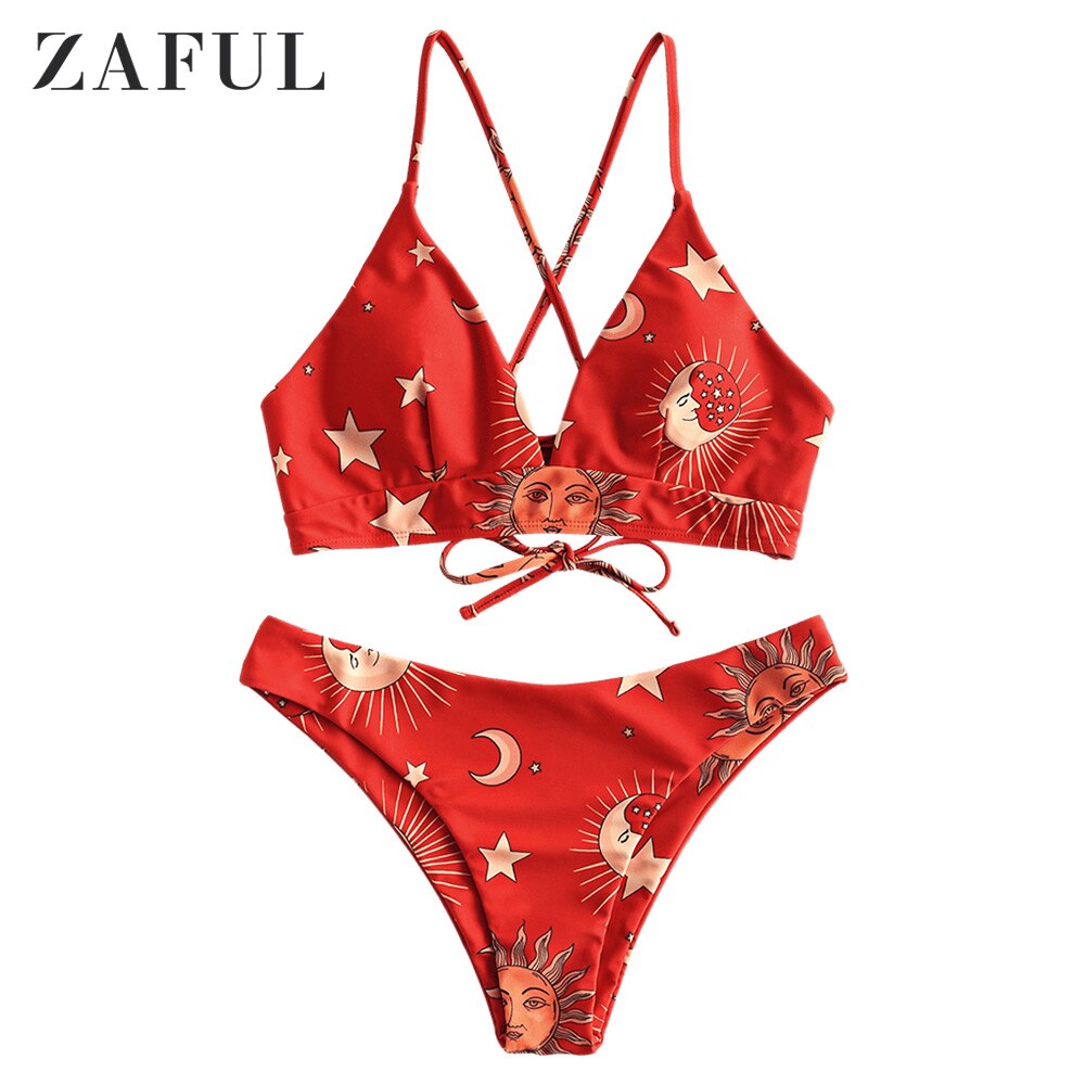 ZAFUL Stern Sonne Mond Spitze hoch Bikini einstellen Spaghetti-trägern Draht Freies Schwimmen Anzug Frauen Sommer Badeanzug hoch schneiden gepolsterte Bademode