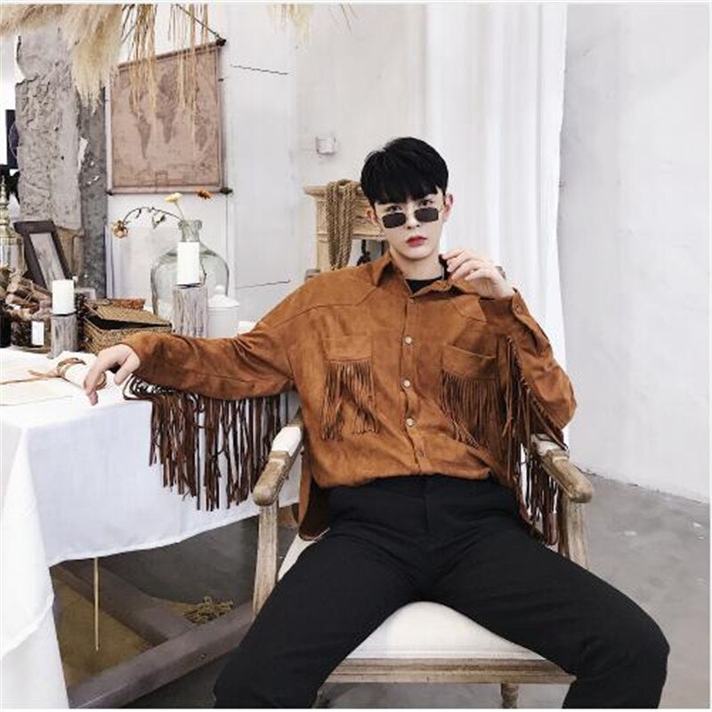 Nachtclub sänger quaste punk hip hop jacke bühne coatume herbst männer wildleder persönlichkeit hiphop straße stil mantel kleidung
