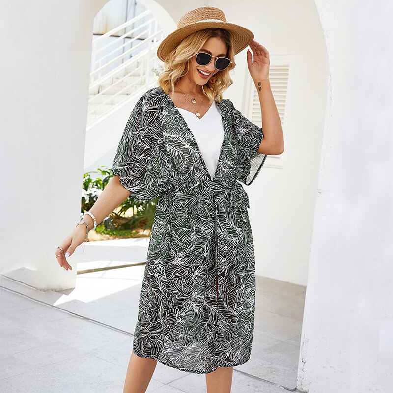 Bohemian Beach Bathing Suit Cover Ups Leaves Print Open Front Short Sleeve Loose Casual Summer Ladies Kimono Cardigan