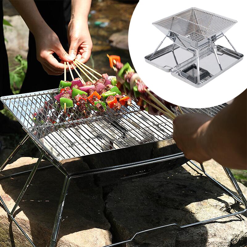 Square Wood Stove Outdoor Grill Mini Charcoal Stove Folding Grill Outdoor Camping Folding Barbecue Equipment Cooking Supplies