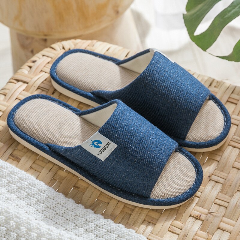 Open Indoor Spring and Autumn Cotton Linen Home Slippers Men 's and Women 's Floor Non-Slip Home Linen Slippers Stall: Blue / 43-44