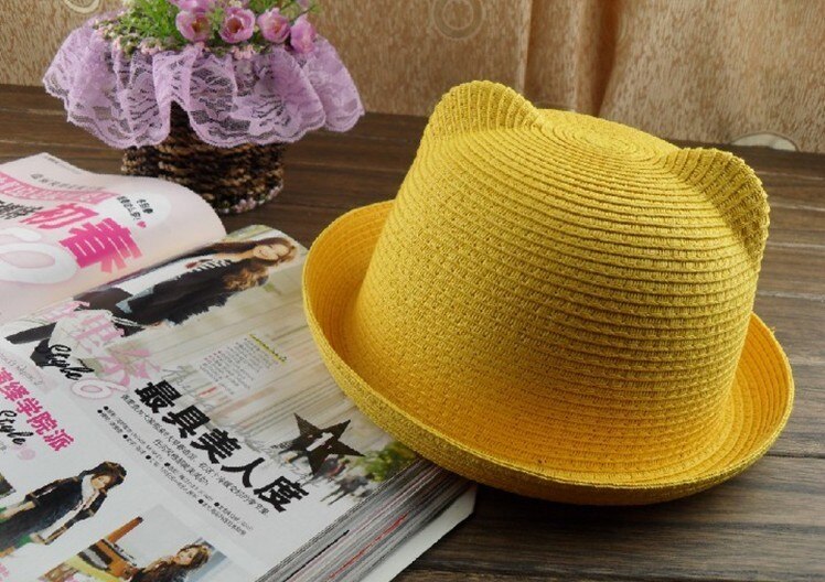 Women Wide Large Brim Floppy bohemia cat ear bunny ear adult Sun Straw Hat Cap: yellow