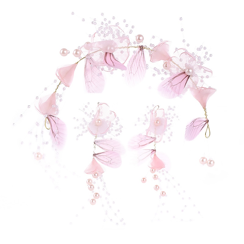 FORSEVEN Pink Yarn Flower Bride Hair Band Headpiece Handmade Earring Bridal Tiaras Crown Wedding Hair Accessories Jewelry Set JL: Default Title