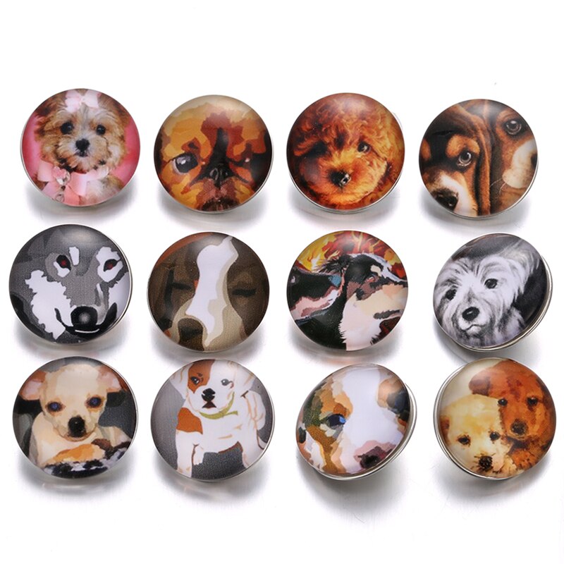 12 Stks/partij Dier Snap Sieraden 18 Mm Snap Knoppen Hond Kat Glas Lederen Sluiting Drukknoop Armband