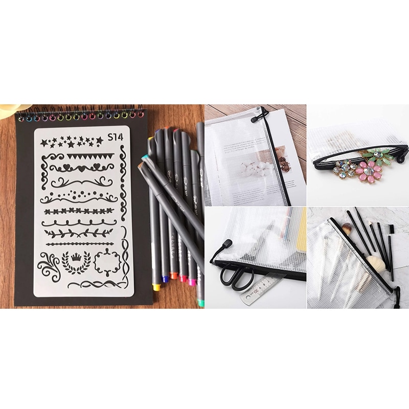 36 Pcs DIY Drawing Template Painting Template & 18 Pcs Mesh Zipper Pouch Document Bag