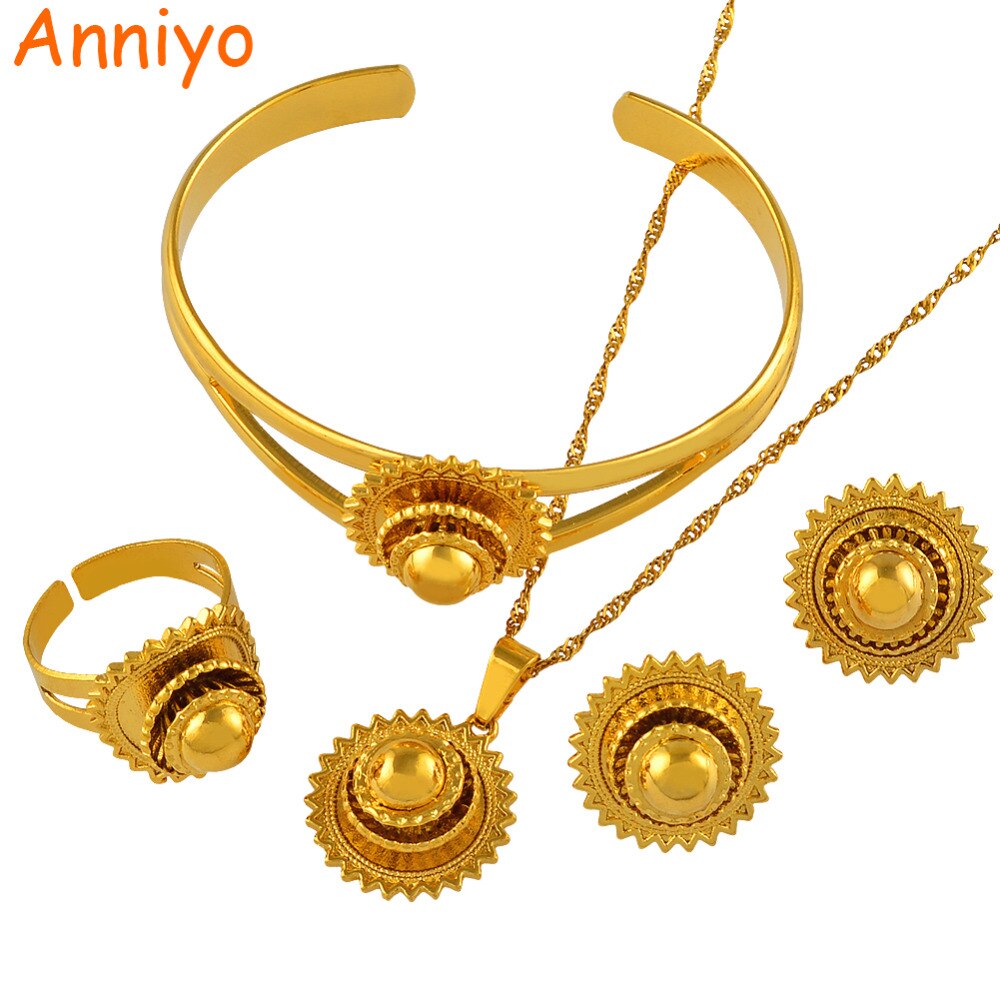 Color dorado anniyo etíope conjunto de joyería de la novia collar con colgante para boda brazalete, pendiente, anillo, estilo africano Eritrea conjuntos de habesha #044806