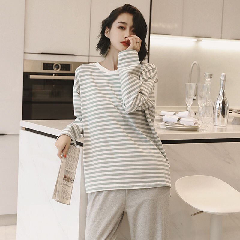 QWEEK Pajamas for Teen Girls Striped Solid Color Loungewear Soft and Loose Home Clothes Bedroom Set Pyjamas Pijamas Autumn Gray