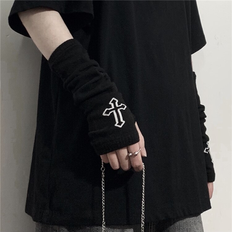 Gothic Harajuku Punk Stijl Zwarte Cross Print Half Vinger Lange Handschoen Meisje Lengte Mouw Vingerloze Handschoenen Mode Streetwear