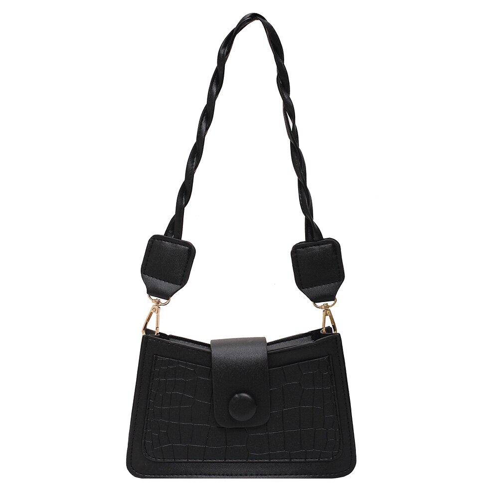 Vintage Crossbody Tassen Voor Vrouwen Verjaardag Mode Steen Patroon Vrouwen Messenger Handtas Pu Effen Geweven Riem Schoudertas: Black