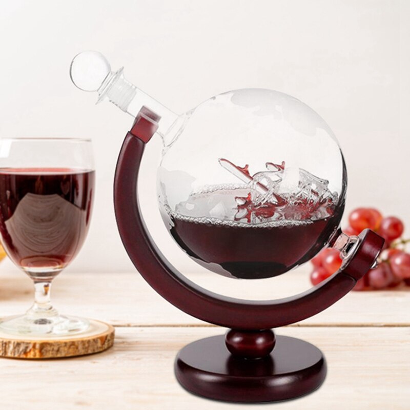 850ML Whiskey Decanter Antique Ship Whiskey Dispenser For Liquor Vodka Globe Decanter With Finished Wood Stand