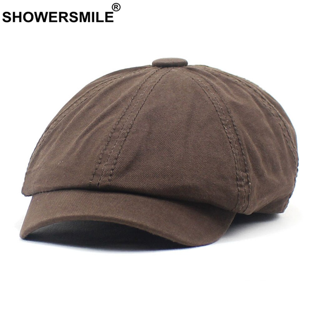 SHOWERSMILE Men Newsboy Cap British Style Brown Solid Octagonal Hat Cotton Men's Beret Casual Autumn Vintage Flat Cap