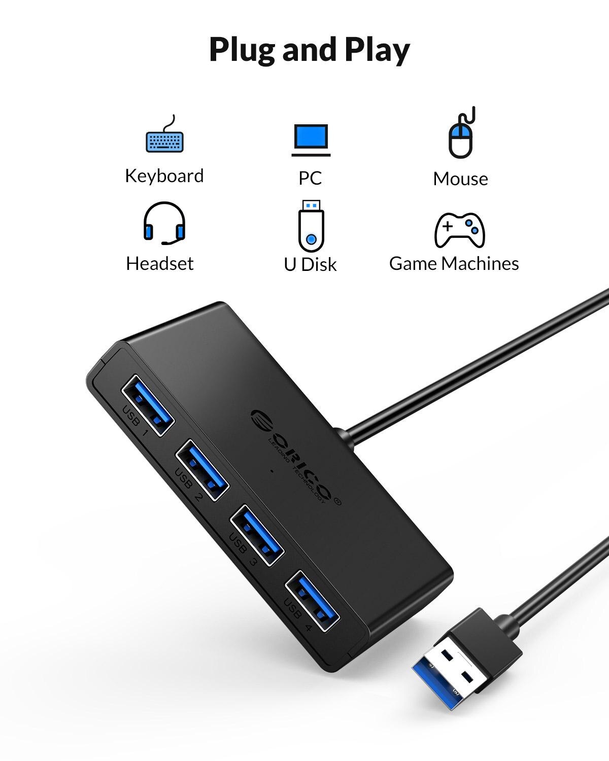 ORICO-HUB con 4 puertos USB 3,0, divisor, adaptador OTG de alta velocidad para ordenador, portátil, accesorios con puerto de alimentación Micro USB múltiple