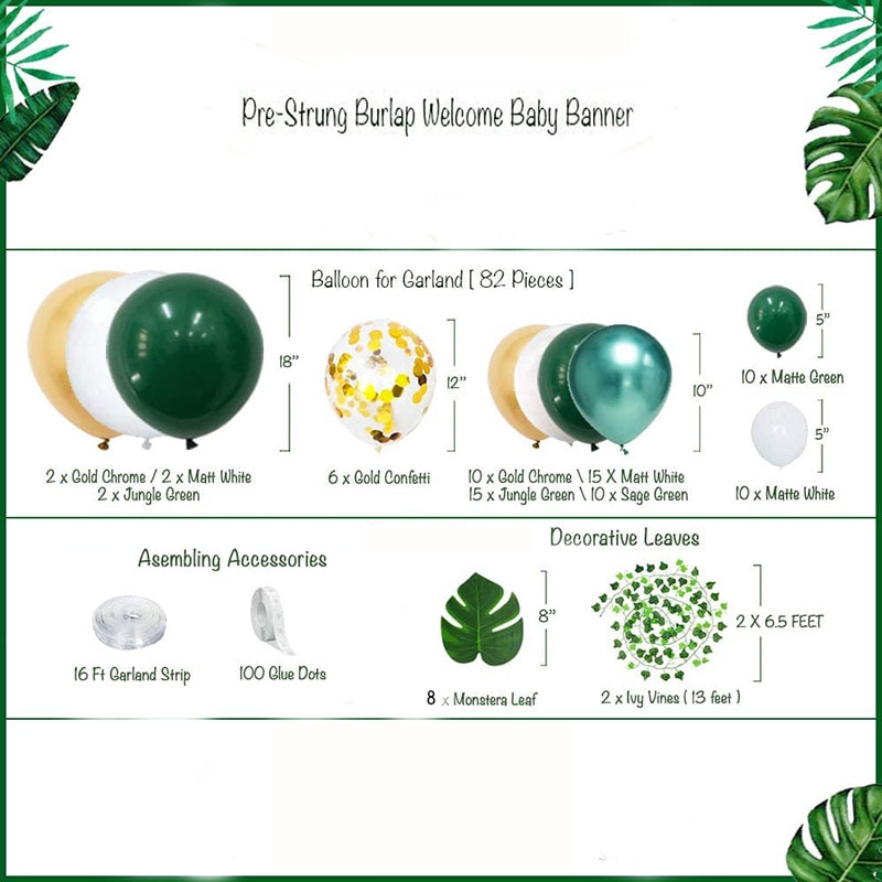 Jungle thema safari groene ballon slinger boog achtergrond palmbladeren klimop slinger neutrale verjaardagsfeest ballonnen benodigdheden