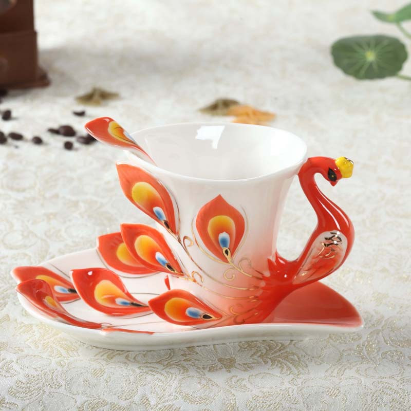 Taza de pavo real esmaltada de Color de cerámica con plato de café té beber agua tazas artesanales decoración creativa cumpleaños de San Valentín